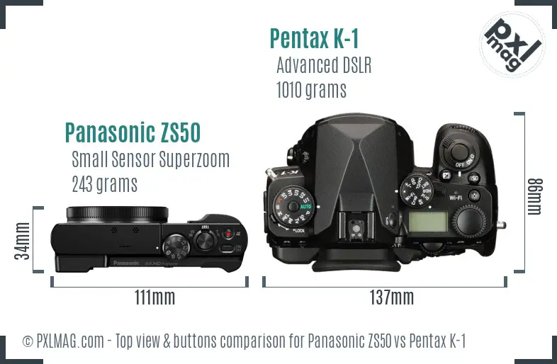 Panasonic ZS50 vs Pentax K-1 top view buttons comparison