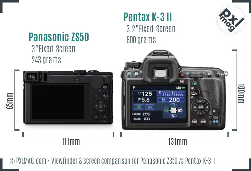 Panasonic ZS50 vs Pentax K-3 II Screen and Viewfinder comparison