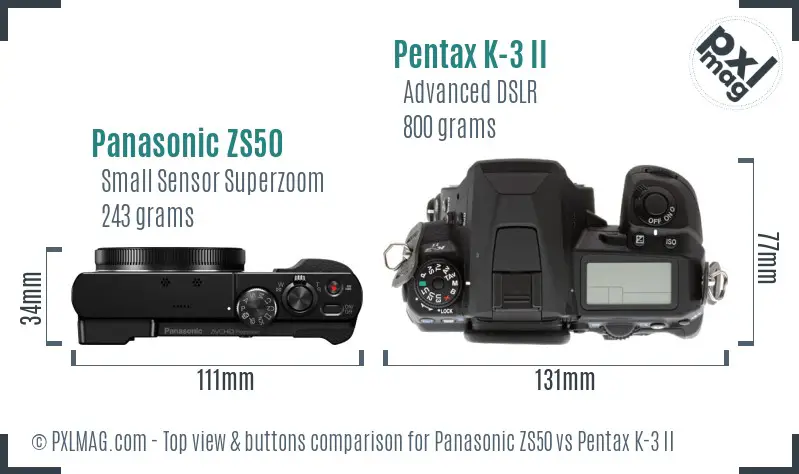 Panasonic ZS50 vs Pentax K-3 II top view buttons comparison