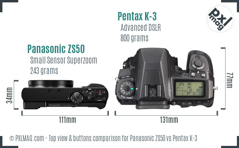 Panasonic ZS50 vs Pentax K-3 top view buttons comparison