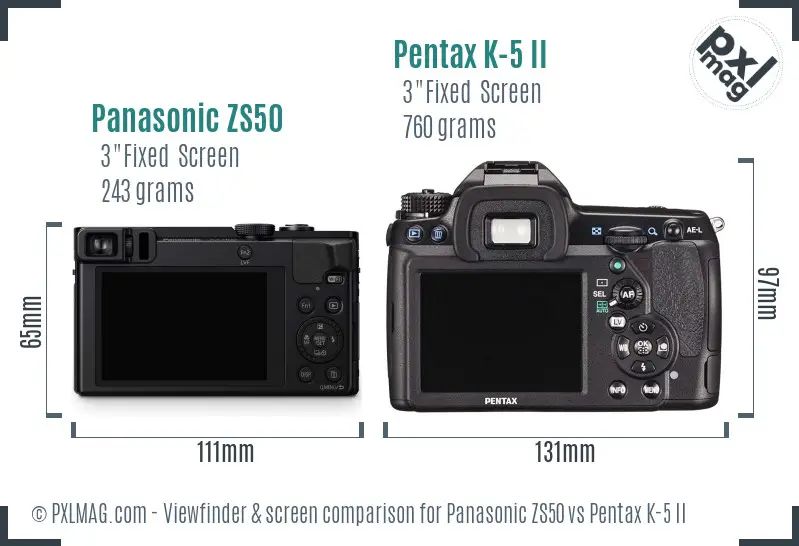Panasonic ZS50 vs Pentax K-5 II Screen and Viewfinder comparison