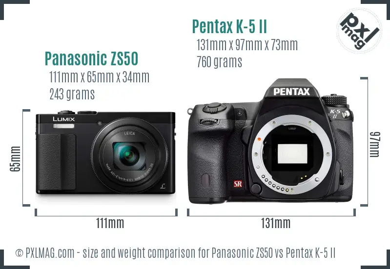 Panasonic ZS50 vs Pentax K-5 II size comparison
