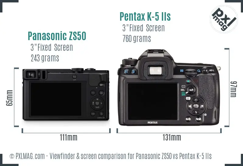 Panasonic ZS50 vs Pentax K-5 IIs Screen and Viewfinder comparison