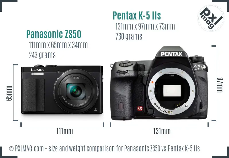 Panasonic ZS50 vs Pentax K-5 IIs size comparison
