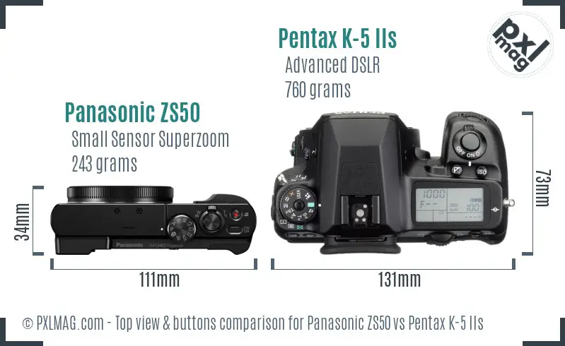 Panasonic ZS50 vs Pentax K-5 IIs top view buttons comparison