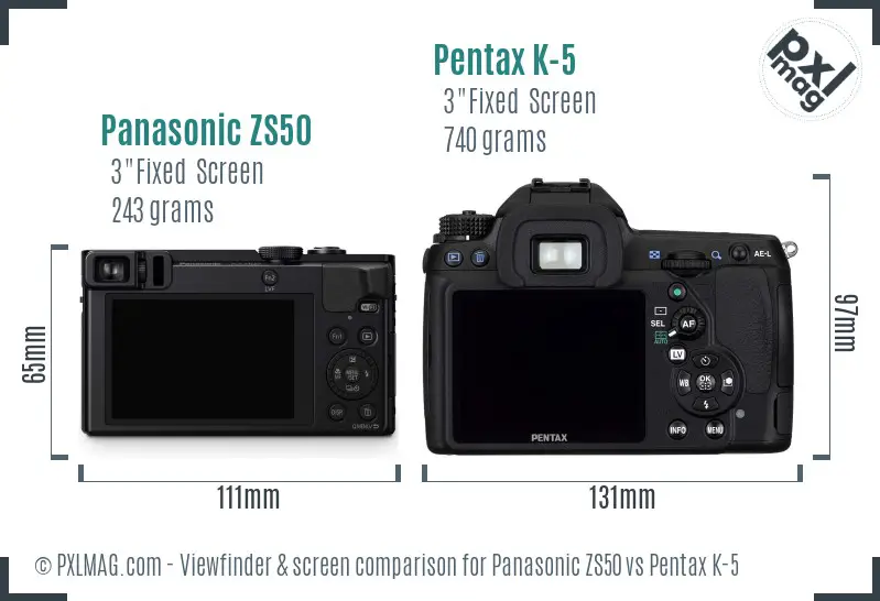 Panasonic ZS50 vs Pentax K-5 Screen and Viewfinder comparison
