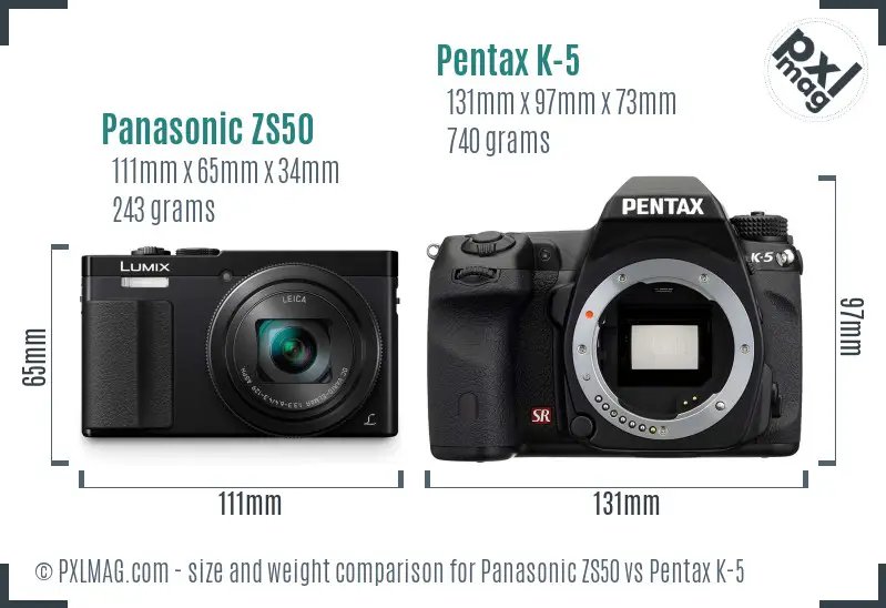 Panasonic ZS50 vs Pentax K-5 size comparison