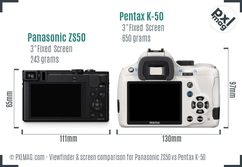Panasonic ZS50 vs Pentax K-50 Screen and Viewfinder comparison