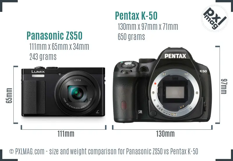 Panasonic ZS50 vs Pentax K-50 size comparison