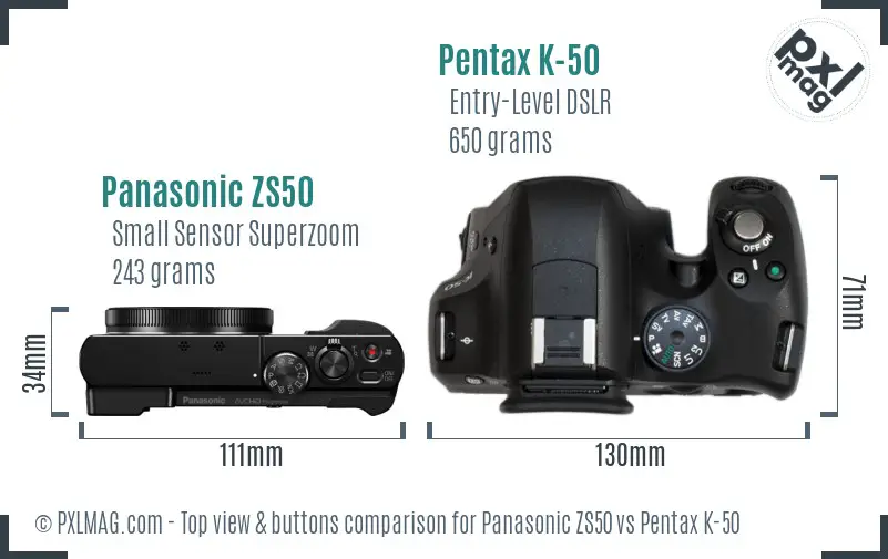 Panasonic ZS50 vs Pentax K-50 top view buttons comparison