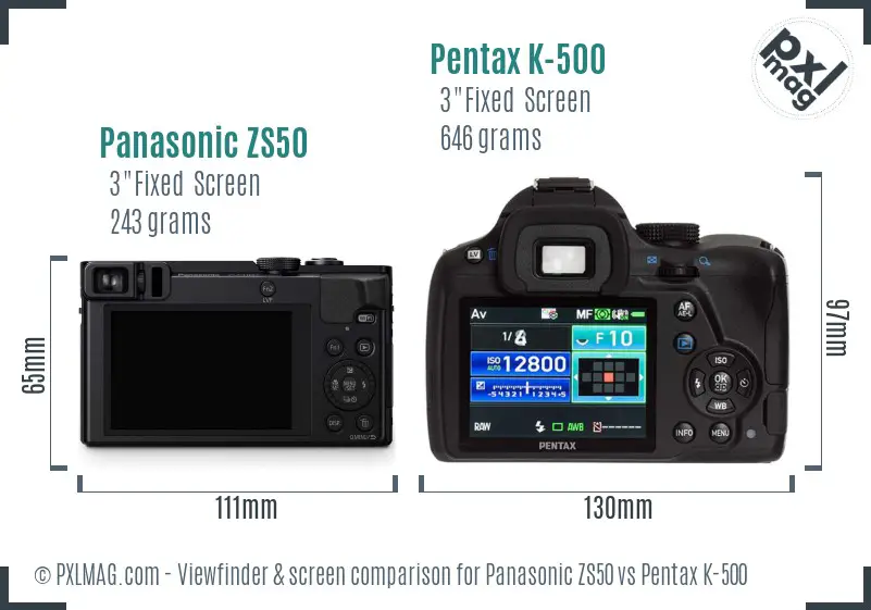 Panasonic ZS50 vs Pentax K-500 Screen and Viewfinder comparison
