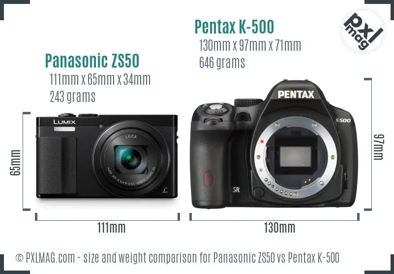 Panasonic ZS50 vs Pentax K-500 size comparison