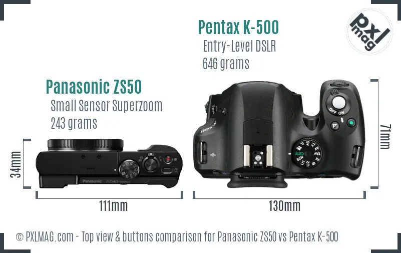 Panasonic ZS50 vs Pentax K-500 top view buttons comparison