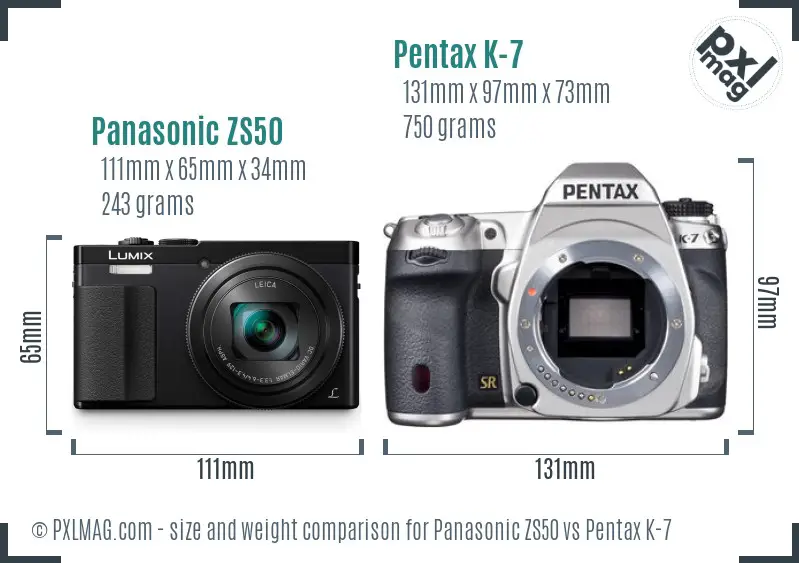 Panasonic ZS50 vs Pentax K-7 size comparison
