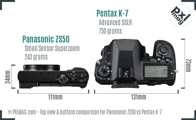 Panasonic ZS50 vs Pentax K-7 top view buttons comparison