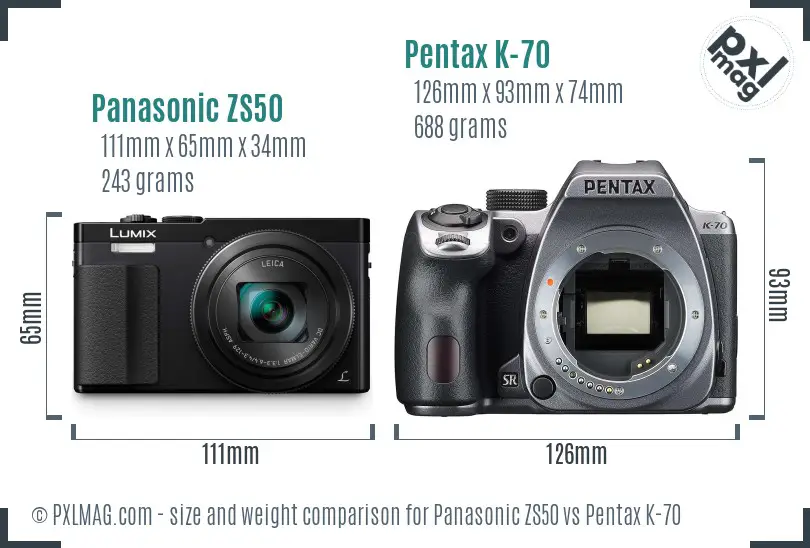 Panasonic ZS50 vs Pentax K-70 size comparison