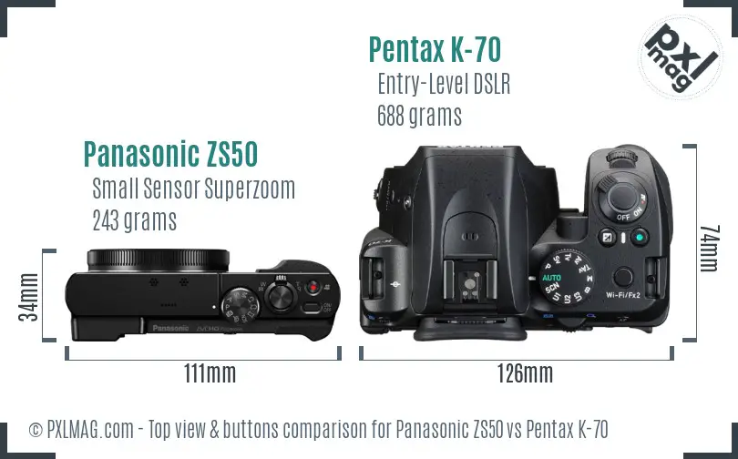 Panasonic ZS50 vs Pentax K-70 top view buttons comparison