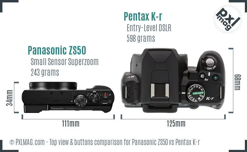 Panasonic ZS50 vs Pentax K-r top view buttons comparison