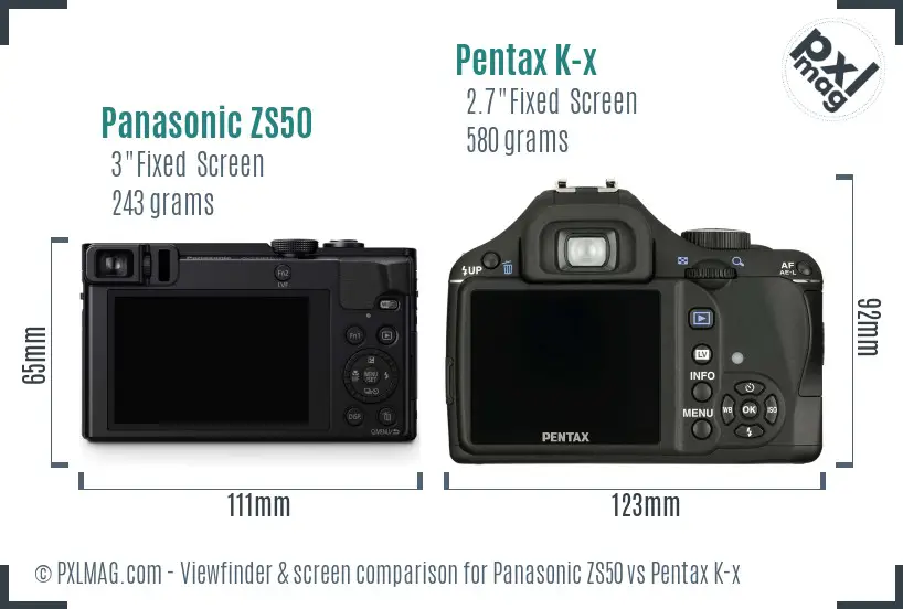 Panasonic ZS50 vs Pentax K-x Screen and Viewfinder comparison