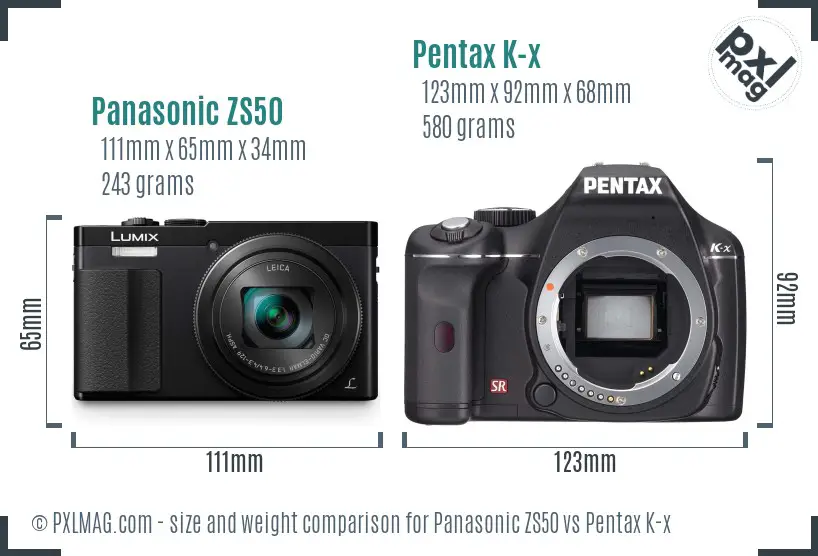 Panasonic ZS50 vs Pentax K-x size comparison