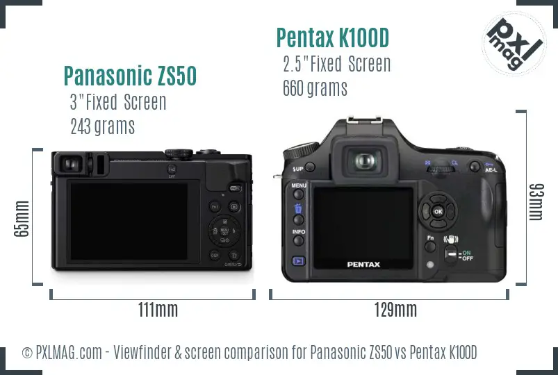 Panasonic ZS50 vs Pentax K100D Screen and Viewfinder comparison