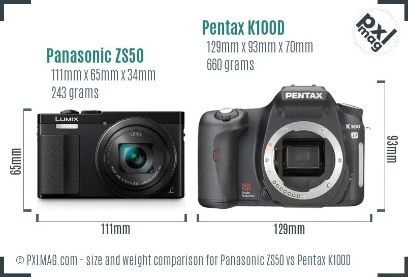 Panasonic ZS50 vs Pentax K100D size comparison