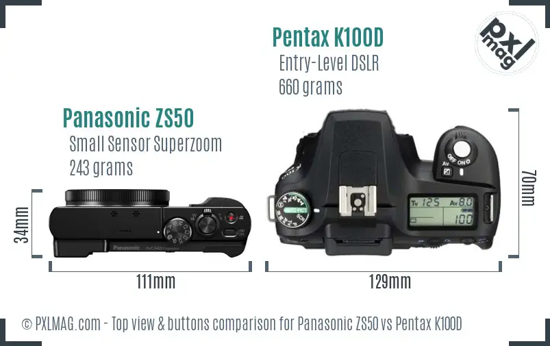 Panasonic ZS50 vs Pentax K100D top view buttons comparison