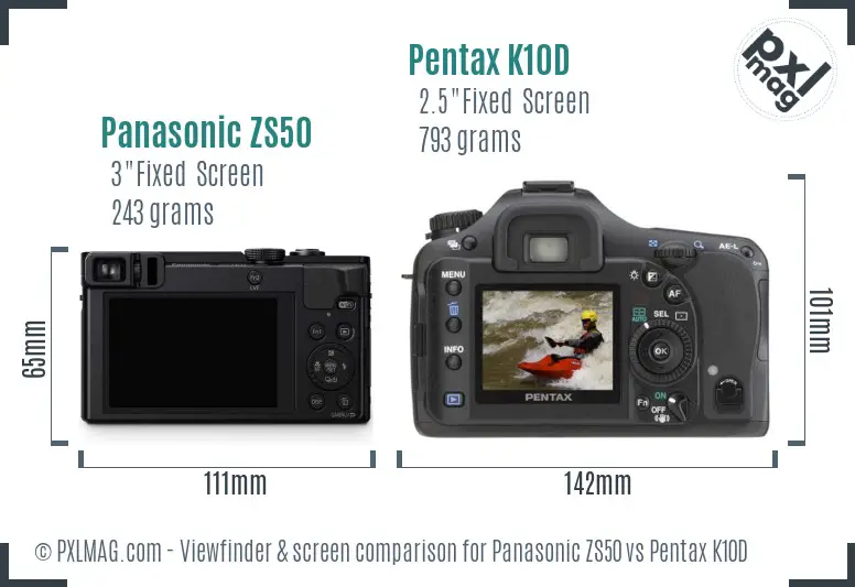 Panasonic ZS50 vs Pentax K10D Screen and Viewfinder comparison