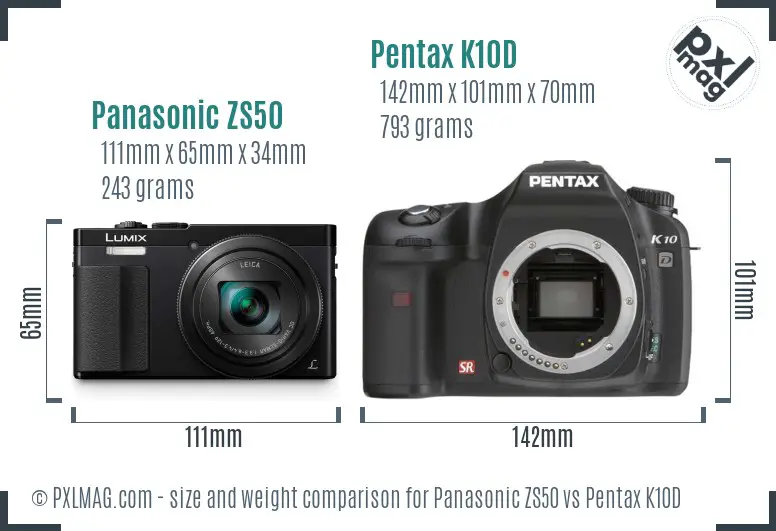 Panasonic ZS50 vs Pentax K10D size comparison