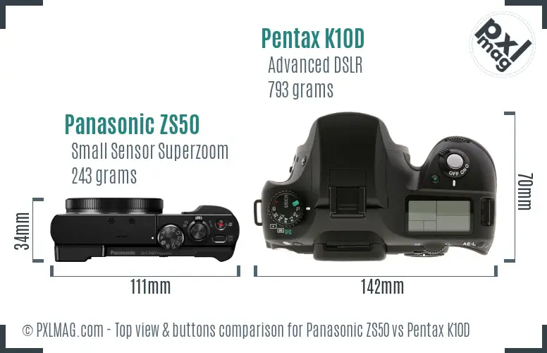 Panasonic ZS50 vs Pentax K10D top view buttons comparison
