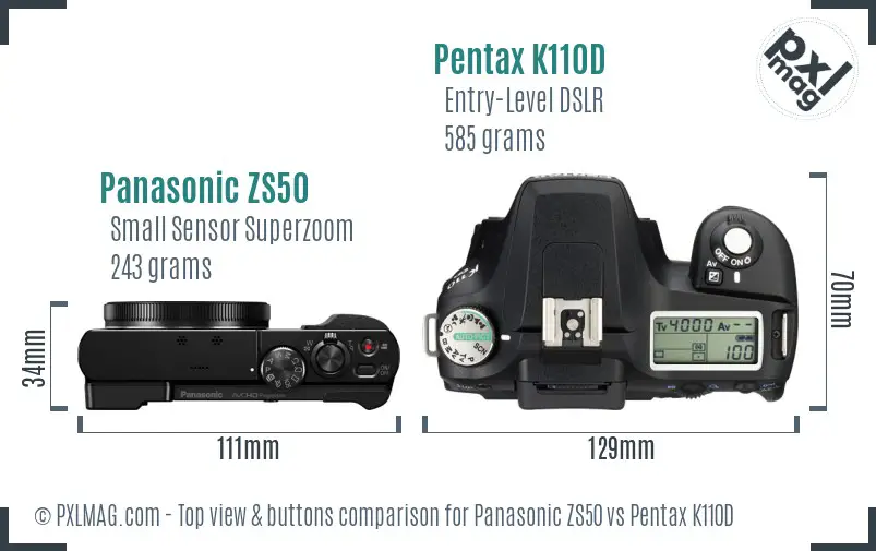 Panasonic ZS50 vs Pentax K110D top view buttons comparison