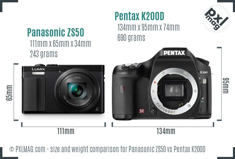 Panasonic ZS50 vs Pentax K200D size comparison