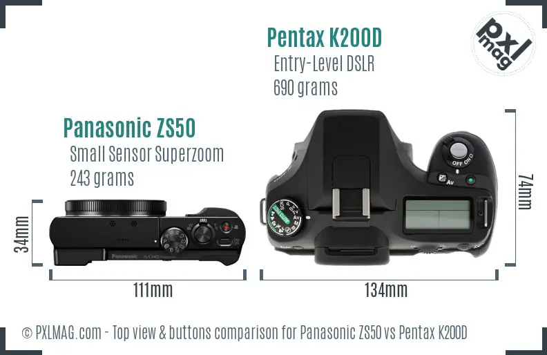 Panasonic ZS50 vs Pentax K200D top view buttons comparison
