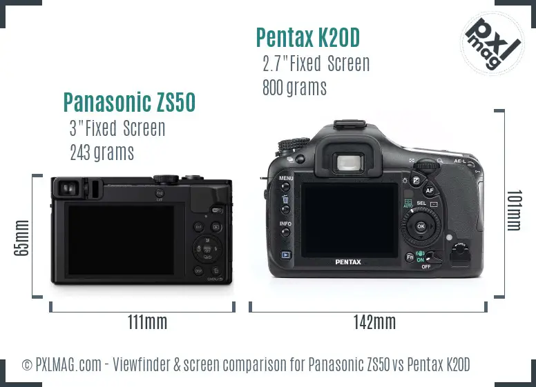 Panasonic ZS50 vs Pentax K20D Screen and Viewfinder comparison