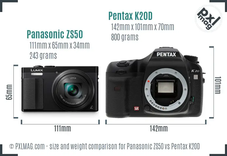 Panasonic ZS50 vs Pentax K20D size comparison