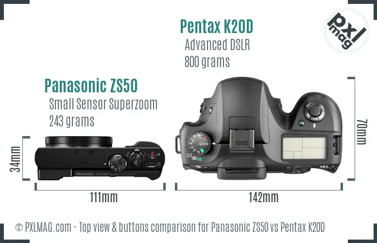 Panasonic ZS50 vs Pentax K20D top view buttons comparison