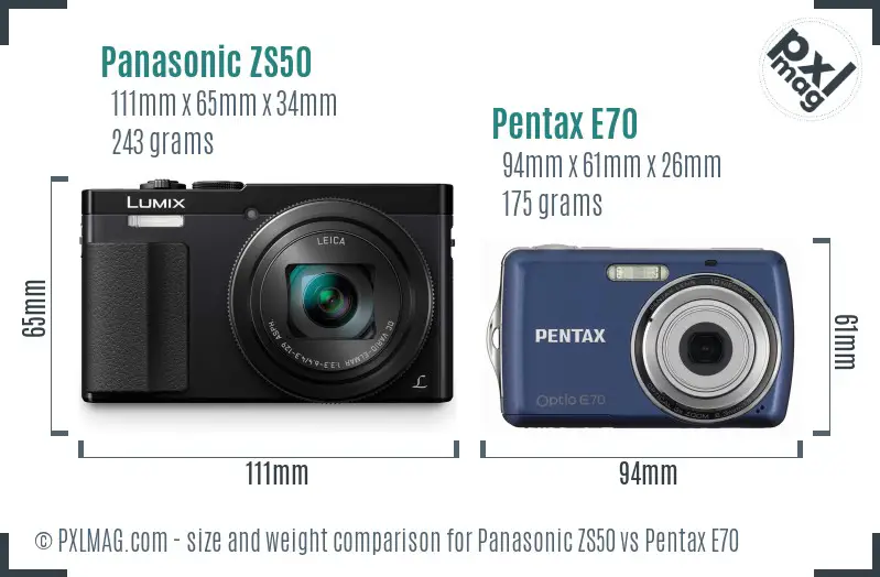 Panasonic ZS50 vs Pentax E70 size comparison