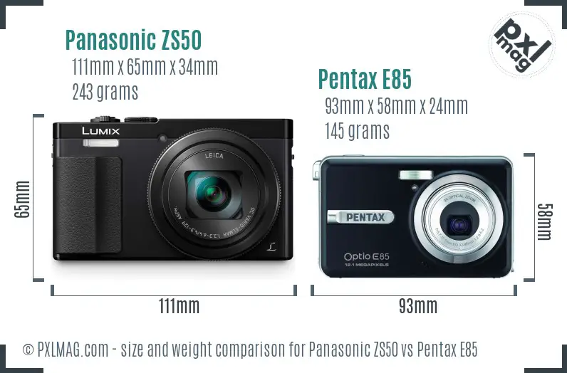 Panasonic ZS50 vs Pentax E85 size comparison