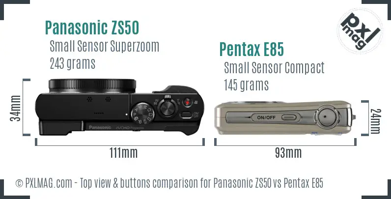 Panasonic ZS50 vs Pentax E85 top view buttons comparison