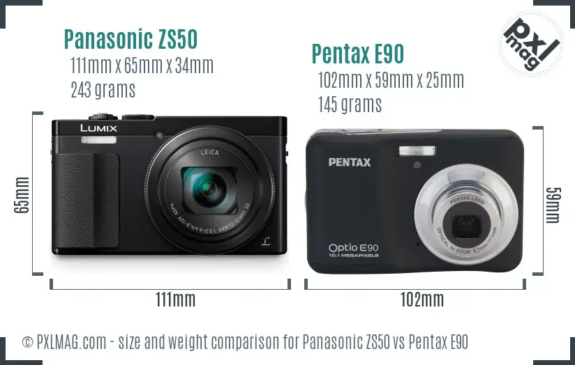 Panasonic ZS50 vs Pentax E90 size comparison