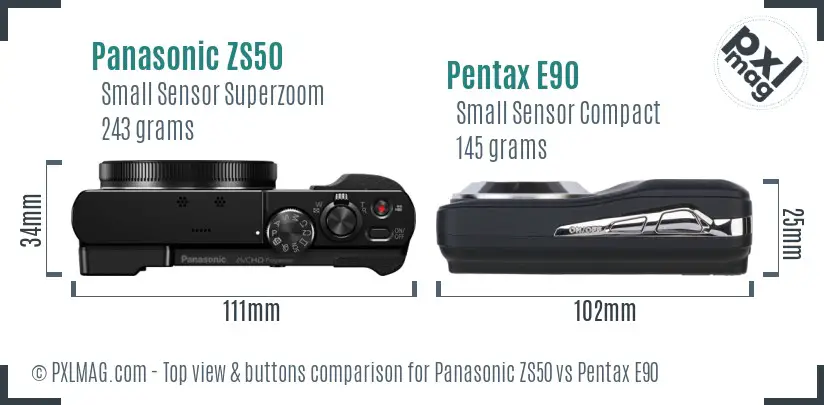 Panasonic ZS50 vs Pentax E90 top view buttons comparison