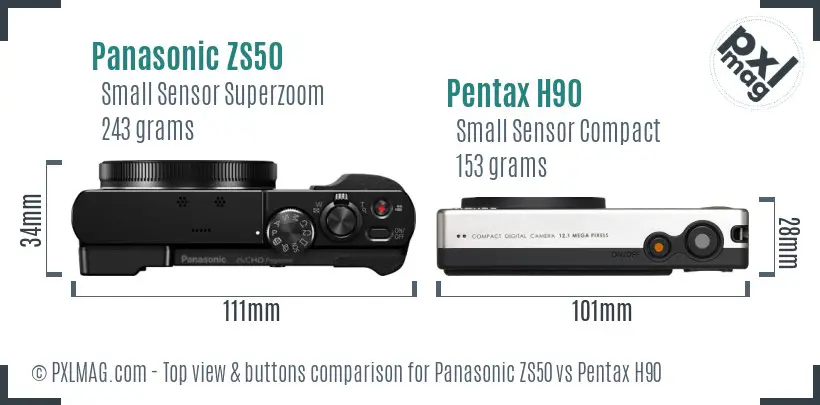 Panasonic ZS50 vs Pentax H90 top view buttons comparison