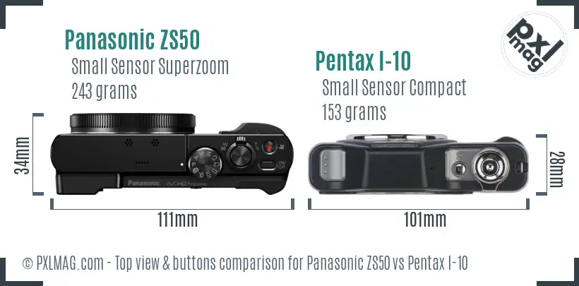 Panasonic ZS50 vs Pentax I-10 top view buttons comparison