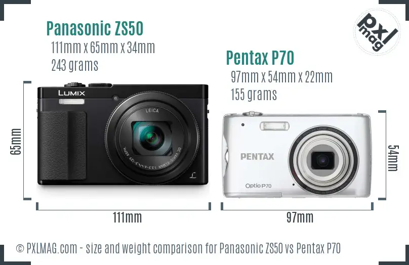 Panasonic ZS50 vs Pentax P70 size comparison