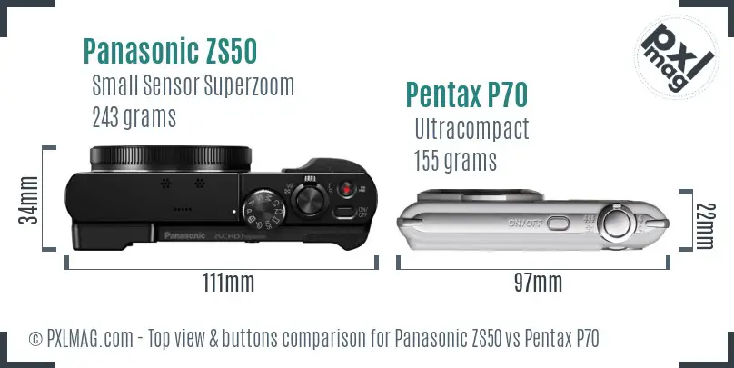 Panasonic ZS50 vs Pentax P70 top view buttons comparison