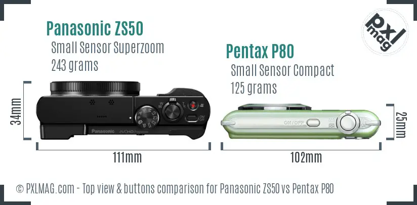 Panasonic ZS50 vs Pentax P80 top view buttons comparison
