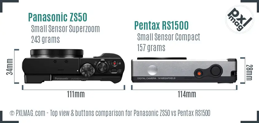 Panasonic ZS50 vs Pentax RS1500 top view buttons comparison
