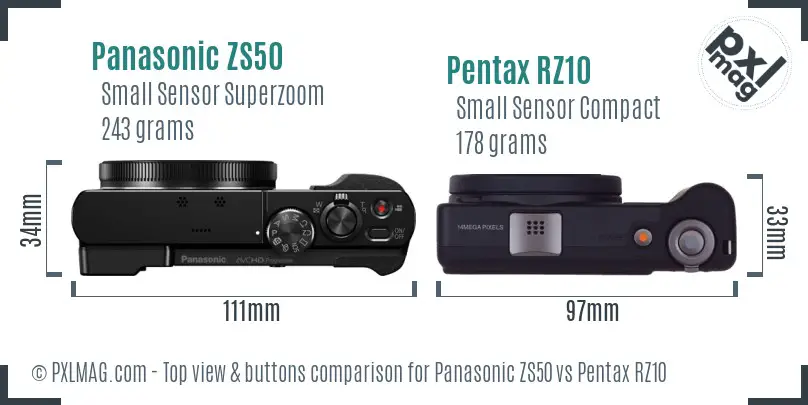Panasonic ZS50 vs Pentax RZ10 top view buttons comparison