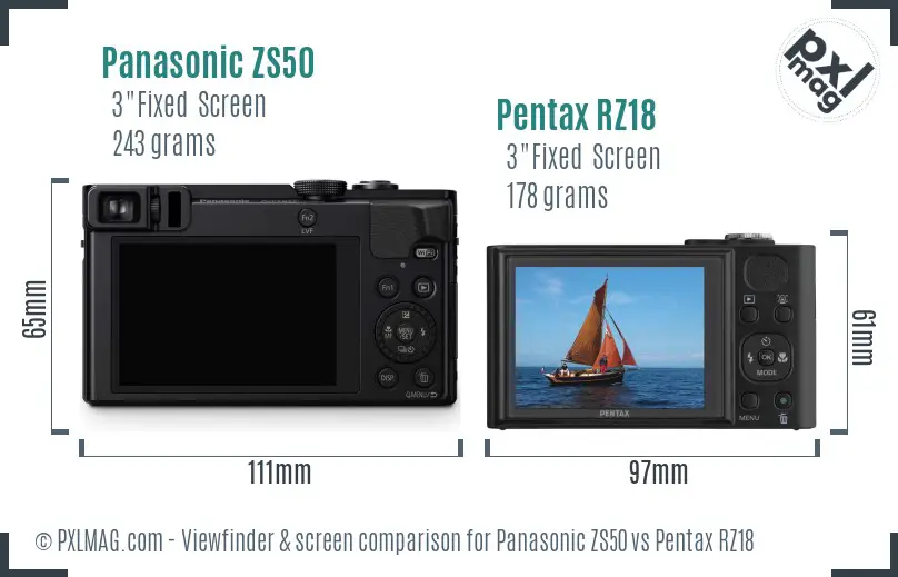 Panasonic ZS50 vs Pentax RZ18 Screen and Viewfinder comparison