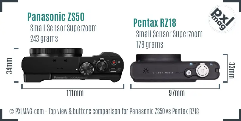 Panasonic ZS50 vs Pentax RZ18 top view buttons comparison